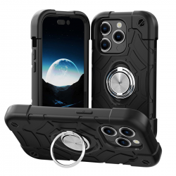  PC Case with Soft Sillicone Skin and Double Ring For iPhone 15 Pro Max - Black and Black