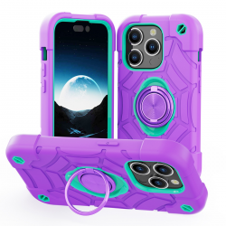  PC Case with Soft Sillicone Skin and Double Ring For iPhone 15 Pro Max - Purple and Green