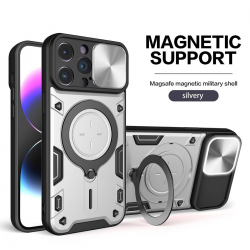   2 in 1 Protect Case with Slide Camera Cover & Ring Kickstand for iPhone 15 Plus - Silver