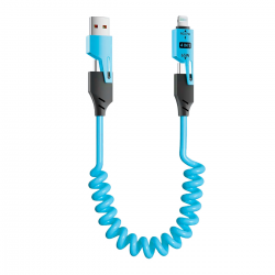  [2 Pack] Coiled Lightning Cable 4 in 1 Multi Charging Cable, 65W 3ft USB C Fast Charging Retractable Charger Cord with Type C/Lightning/USB A Port for Phone/Pad/CarPlay - Blue