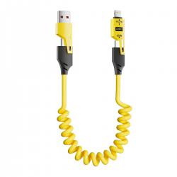  [2 Pack] Coiled Lightning Cable 4 in 1 Multi Charging Cable, 65W 3ft USB C Fast Charging Retractable Charger Cord with Type C/Lightning/USB A Port for Phone/Pad/CarPlay - Yellow