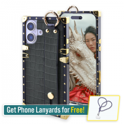  Compatible with iPhone 16 Case Luxury Designer for Women Girls,Rectangle Crocodile Leather with Wristband Strap Kickstand Holder Protective Phone Cover for iPhone 16-6.1 inch (Black)