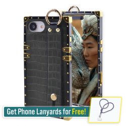  Compatible with iPhone 16e Case Luxury Designer for Women Girls,Rectangle Crocodile Leather with Wristband Strap Kickstand Holder Protective Phone Cover for iPhone 16-6.1 inch (Black)