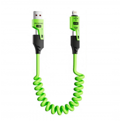  [2 Pack] Coiled Lightning Cable 4 in 1 Multi Charging Cable, 65W 3ft USB C Fast Charging Retractable Charger Cord with Type C/Lightning/USB A Port for Phone/Pad/CarPlay - Green