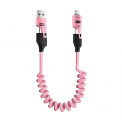  Coiled Lightning Cable 4 in 1 Multi Charging Cable, 65W 3ft USB C Fast Charging Retractable Charger Cord with Type C/Lightning/USB A Port for Phone/Pad/CarPlay- Pink