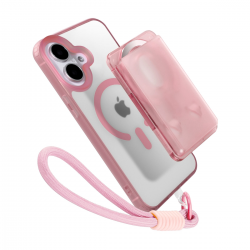  Magnetic Case for iPhone 16 with Card Hold and Lanyard, Translucent Matte Slim Shockproof Compatible with MagSafe - Pink