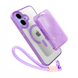  Magnetic Case for iPhone 16 with Card Hold and Lanyard, Translucent Matte Slim Shockproof Compatible with MagSafe - Purple