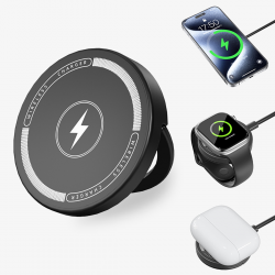  3-in-1 MagSafe Mount Wireless Charger Phone Holder – Universal for Phone, Watch, and Earbuds - Black