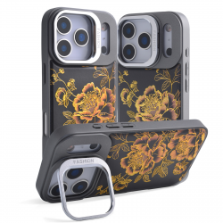  iPhone 17 Pro Max Black Background Gilded Peony Magnetic Case, Gold