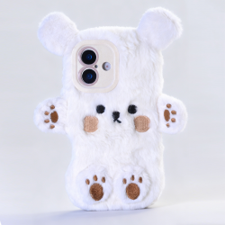  White Plush Silicone Bear Phone Case for iPhone 17 – Soft Furry Cute Protective Cover