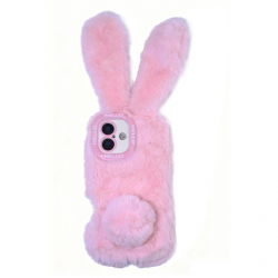  Pink Plush Silicone Bunny with Tail Phone Case for iPhone 16 – Soft Furry Cute Protective Cover