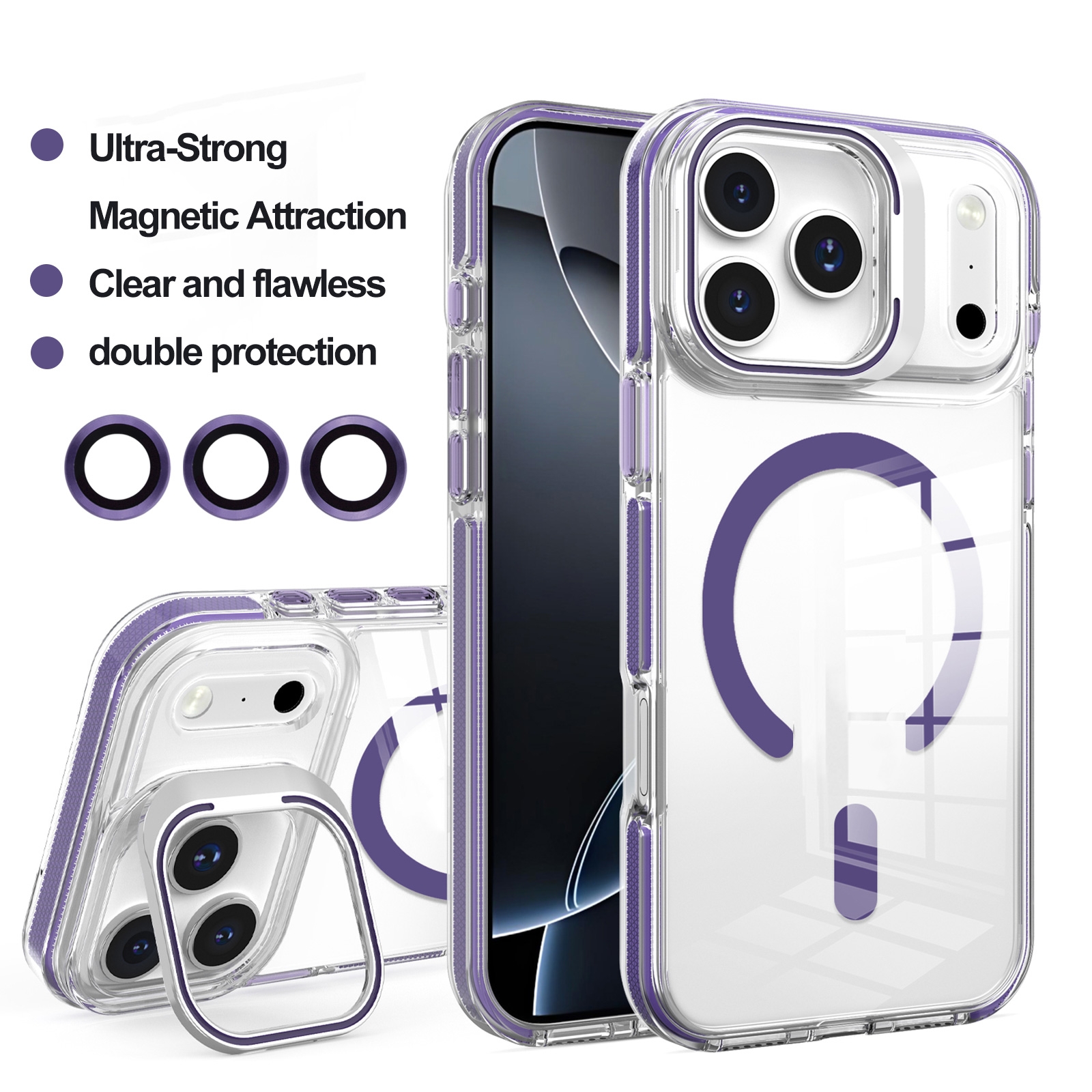 Purple iPhone 17 Pro Max case with foldable kickstand