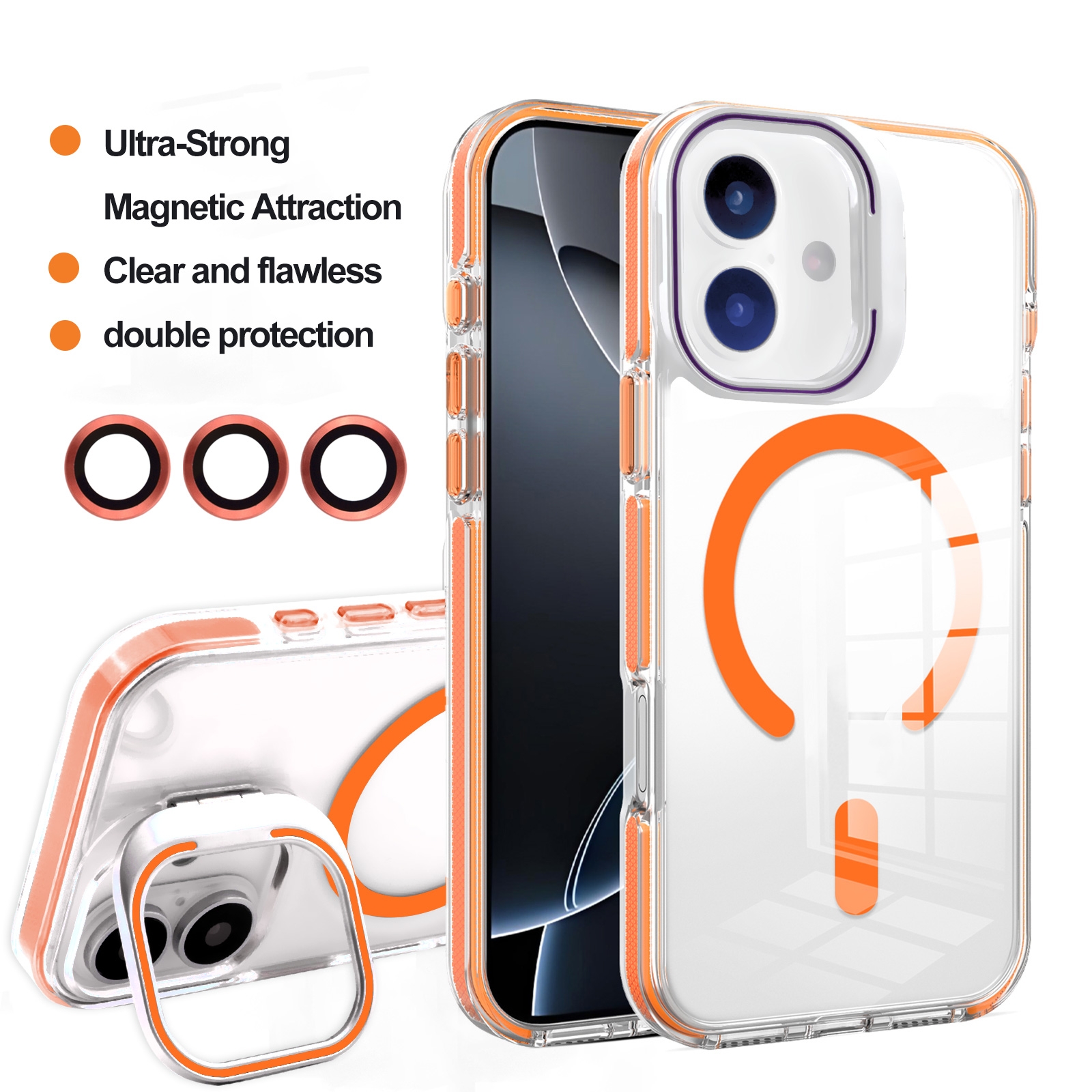 Orange iPhone 17 Pro case with foldable kickstand