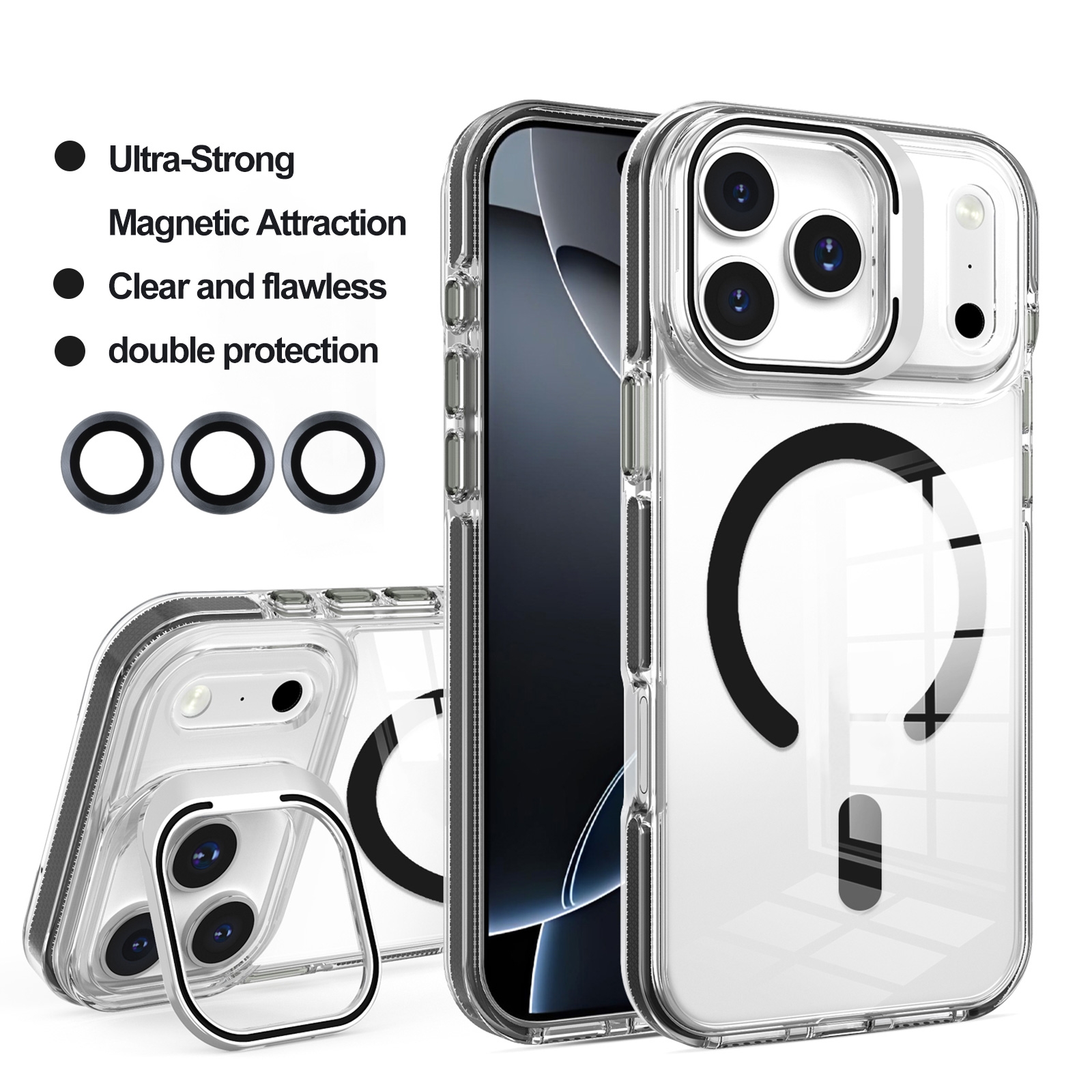Foldable Stand iPhone 17 Pro Max Black Case - Magnetic & External Lens Protection