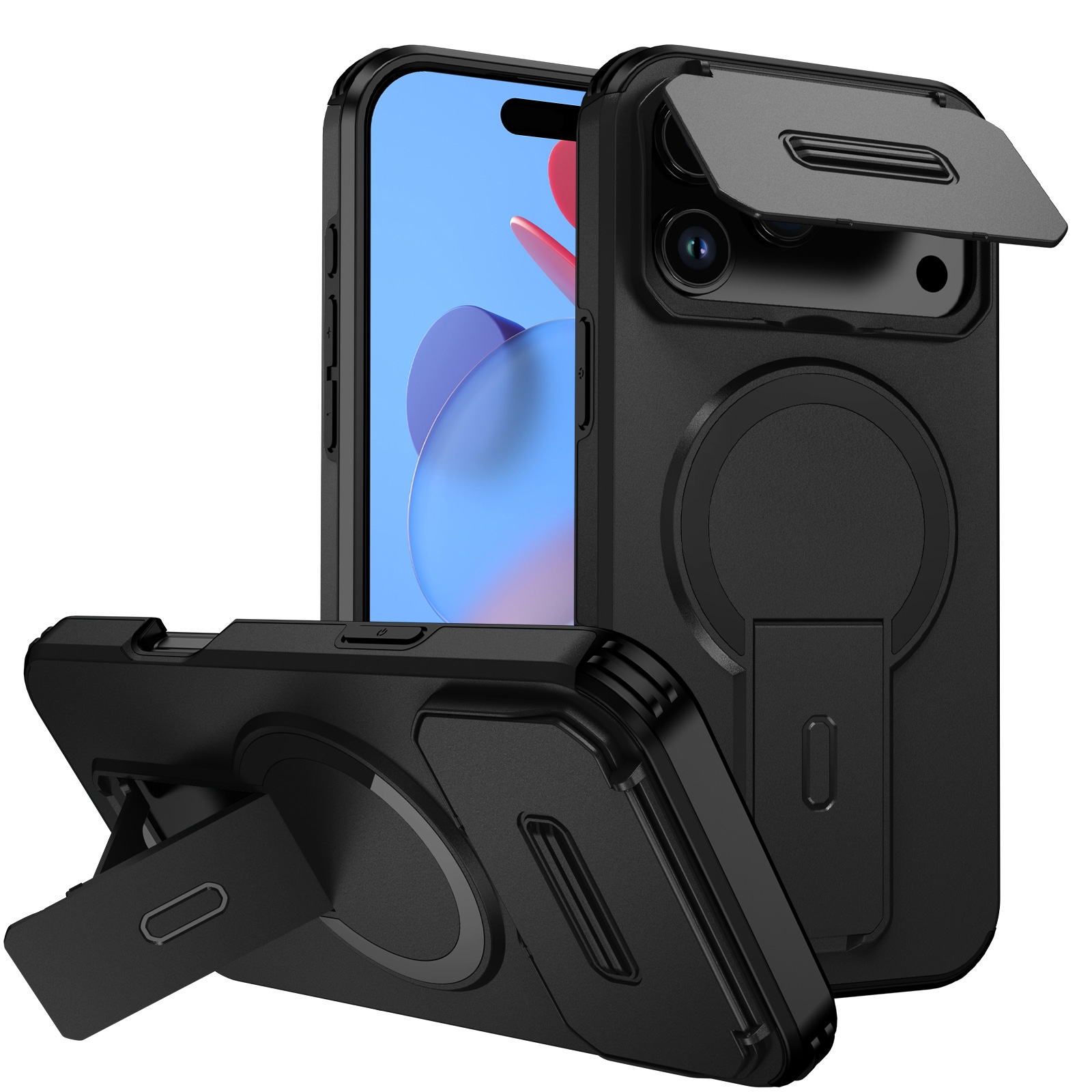 flip-open camera lens cover closed black case