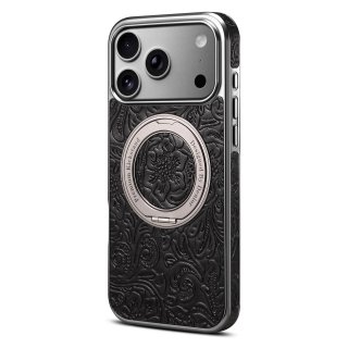 Retro Tang-style Flower 360 Rotating Gear Kickstand Electroplated Case for iPhone 17ProMax, Black