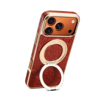 Retro Tang-style Flower 360 Rotating Gear Kickstand Electroplated Case for iPhone 17 Pro Max, Red