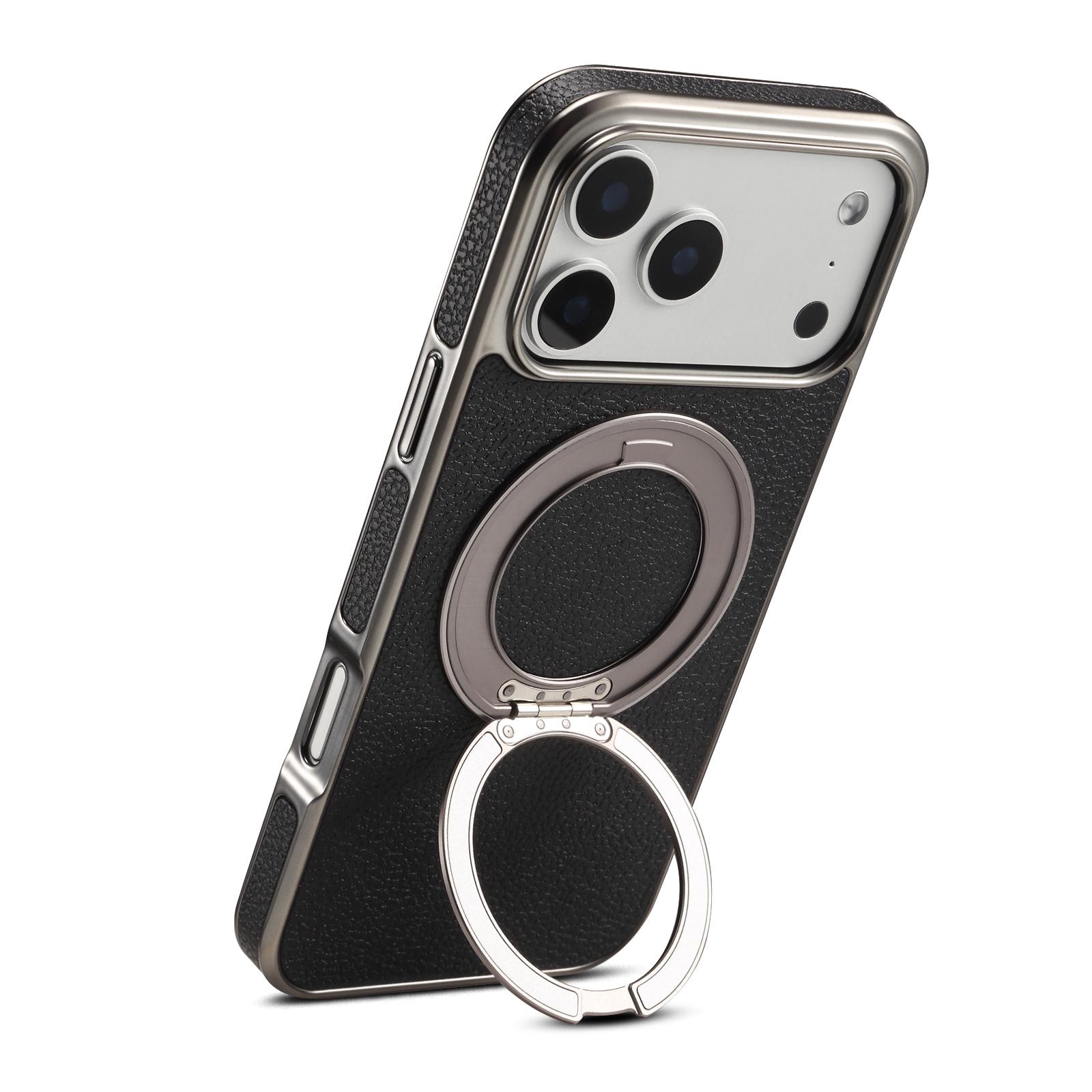 Lychee Texture 360 Rotating Gear Kickstand Electroplated Case for iPhone 17 Pro, Black