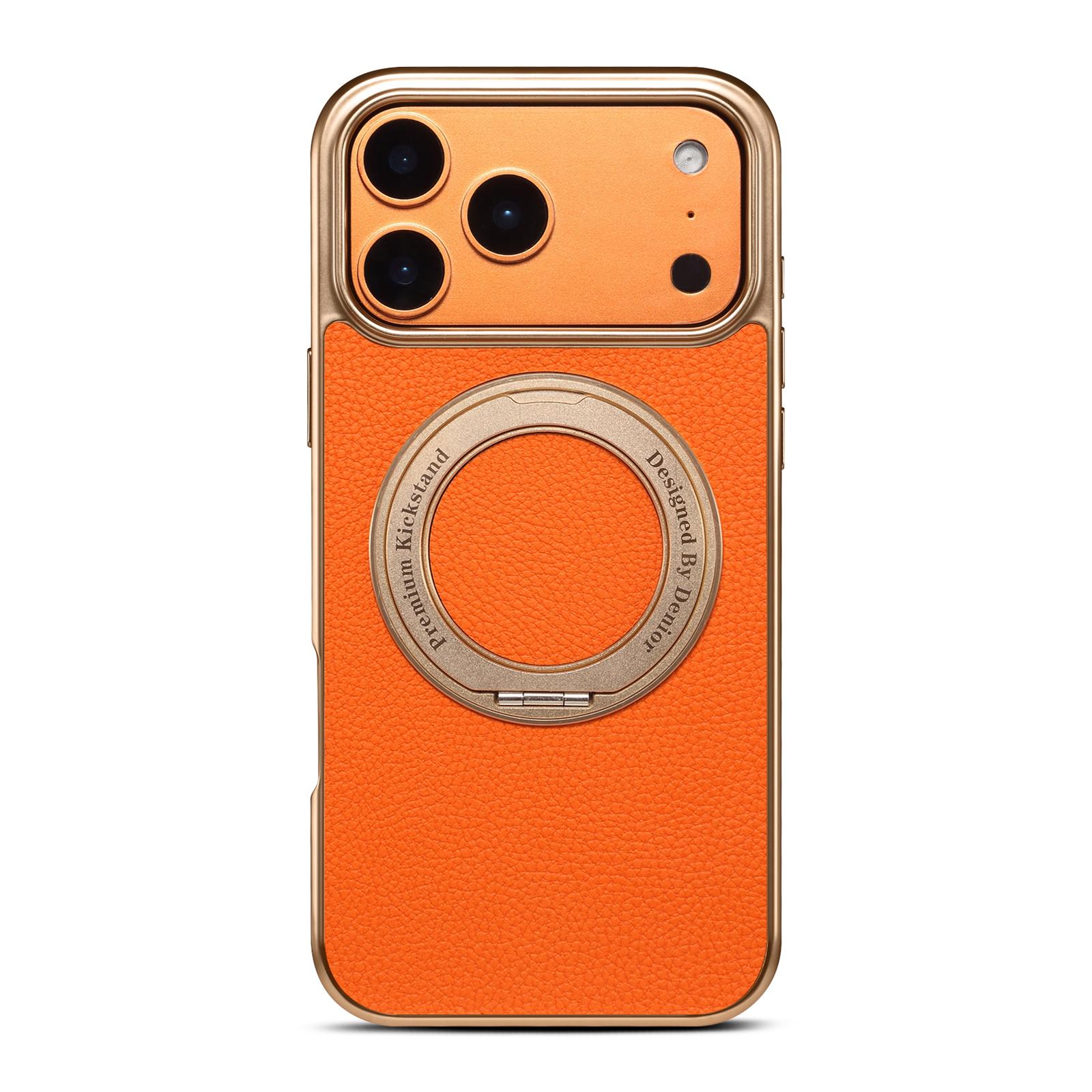 Lychee Texture 360 Rotating Gear Kickstand Electroplated Case for iPhone 17 Pro, Orange