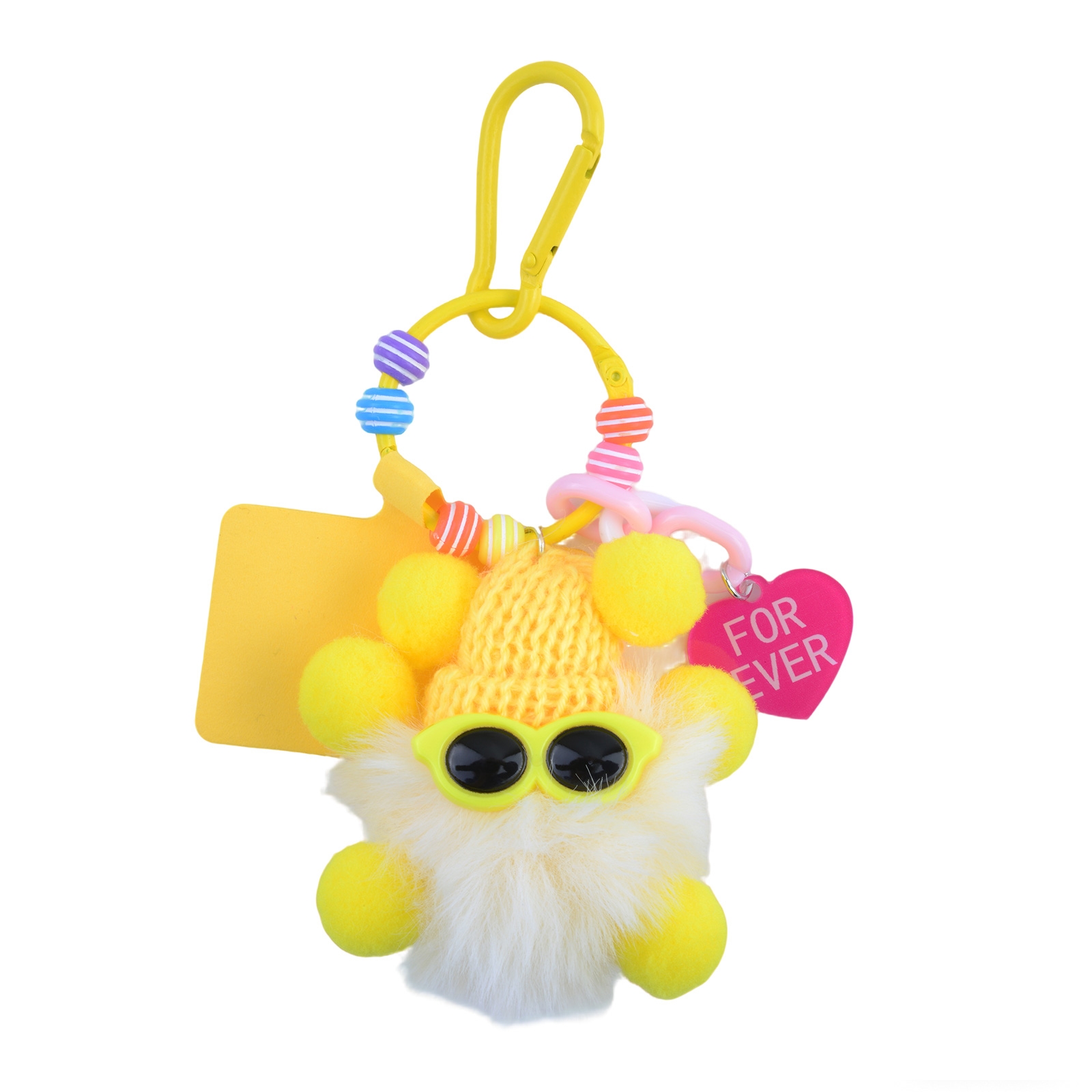 Cute Coal Ball Keychain - Fluffy Phone Charm, White - Yellow Hat