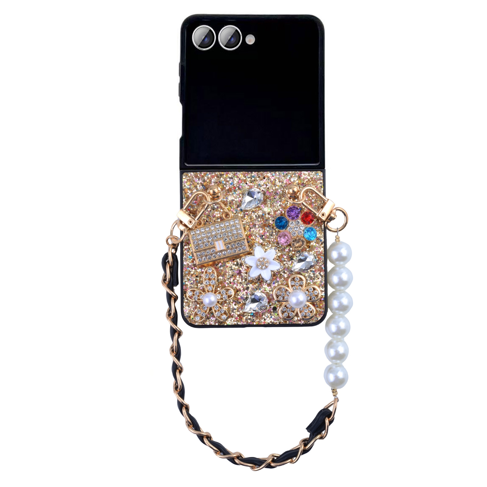 Glitter Rhinestone Case for Z Flip7 with Pearl Leather Chain Strap, Gold