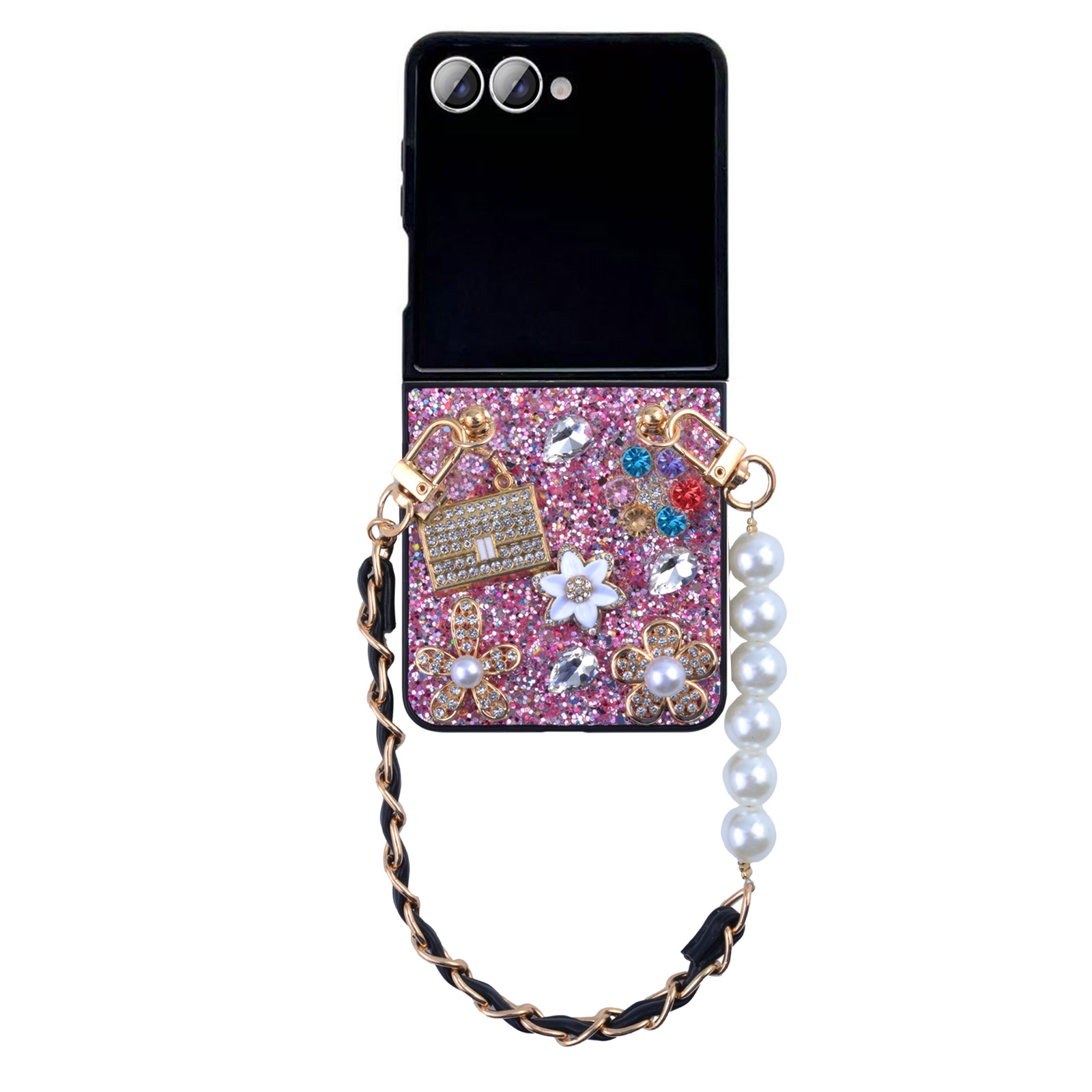 Glitter Rhinestone Case for Z Flip7 with Pearl Leather Chain Strap, Pink