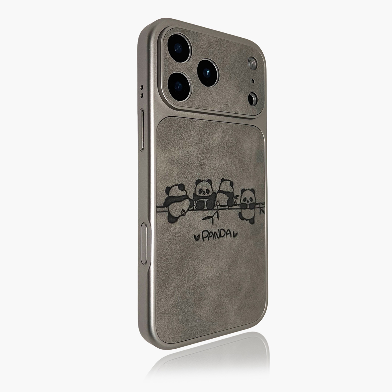 Cute Panda Leather Pattern Back iPhone 17 Pro Case - TPU Shockproof Phone Cover, Gray