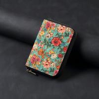  Cork Floral Printed N52 Magnetic RFID Blocking Zipper Card Holder, Blue