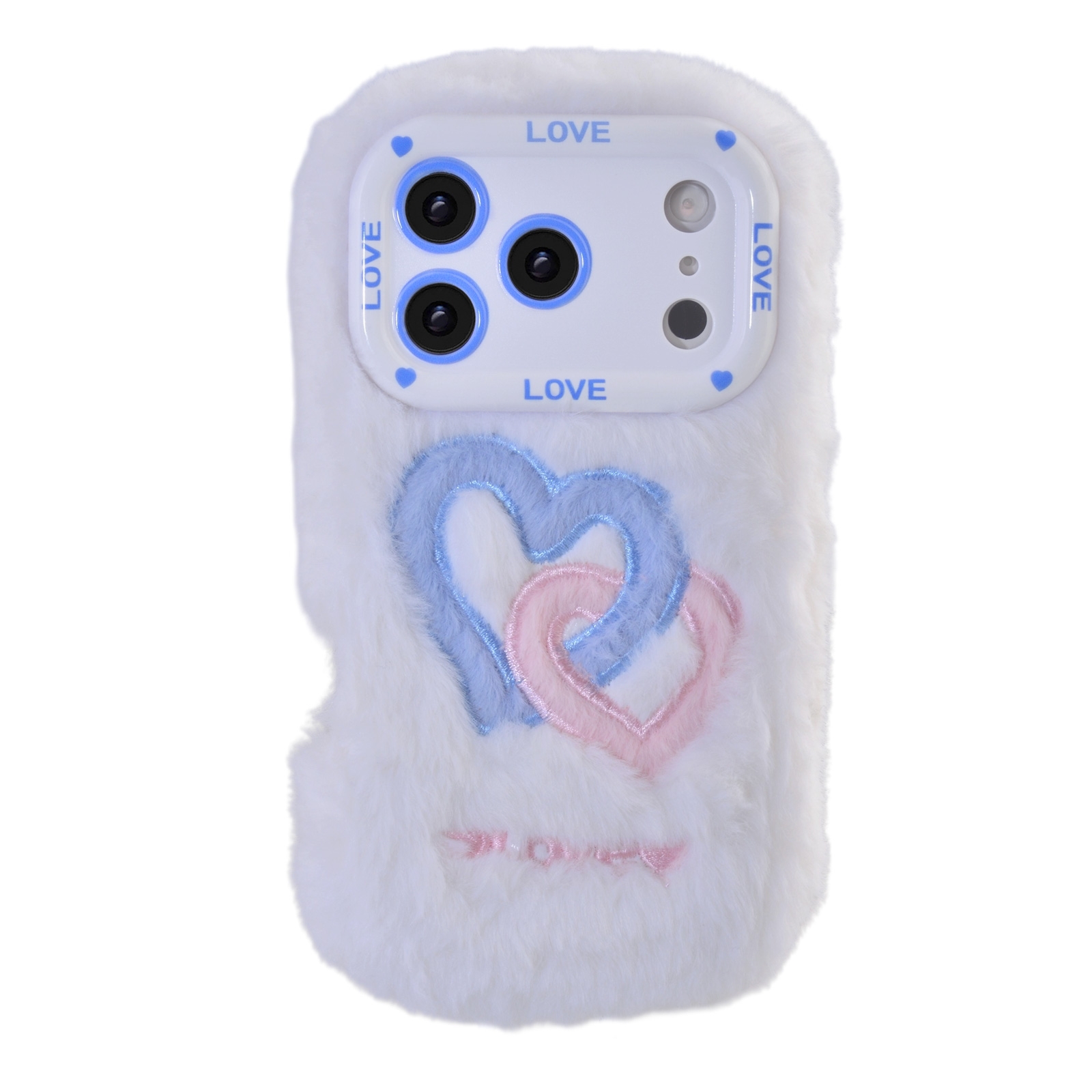 White Plush Silicone Double Heart Phone Case for iPhone 17 Pro – Soft Furry Cute Protective Cover