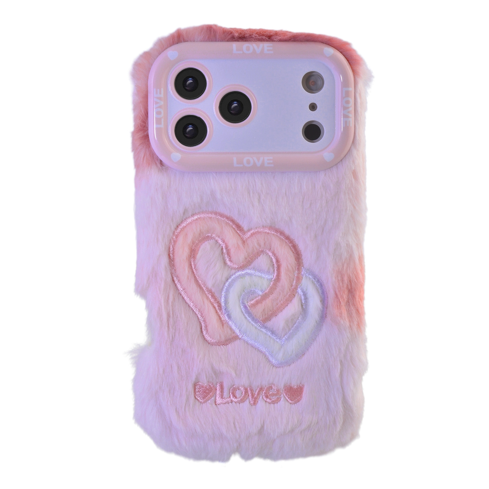 Pink Plush Silicone Double Heart Phone Case for iPhone 17 Pro – Soft Furry Cute Protective Cover