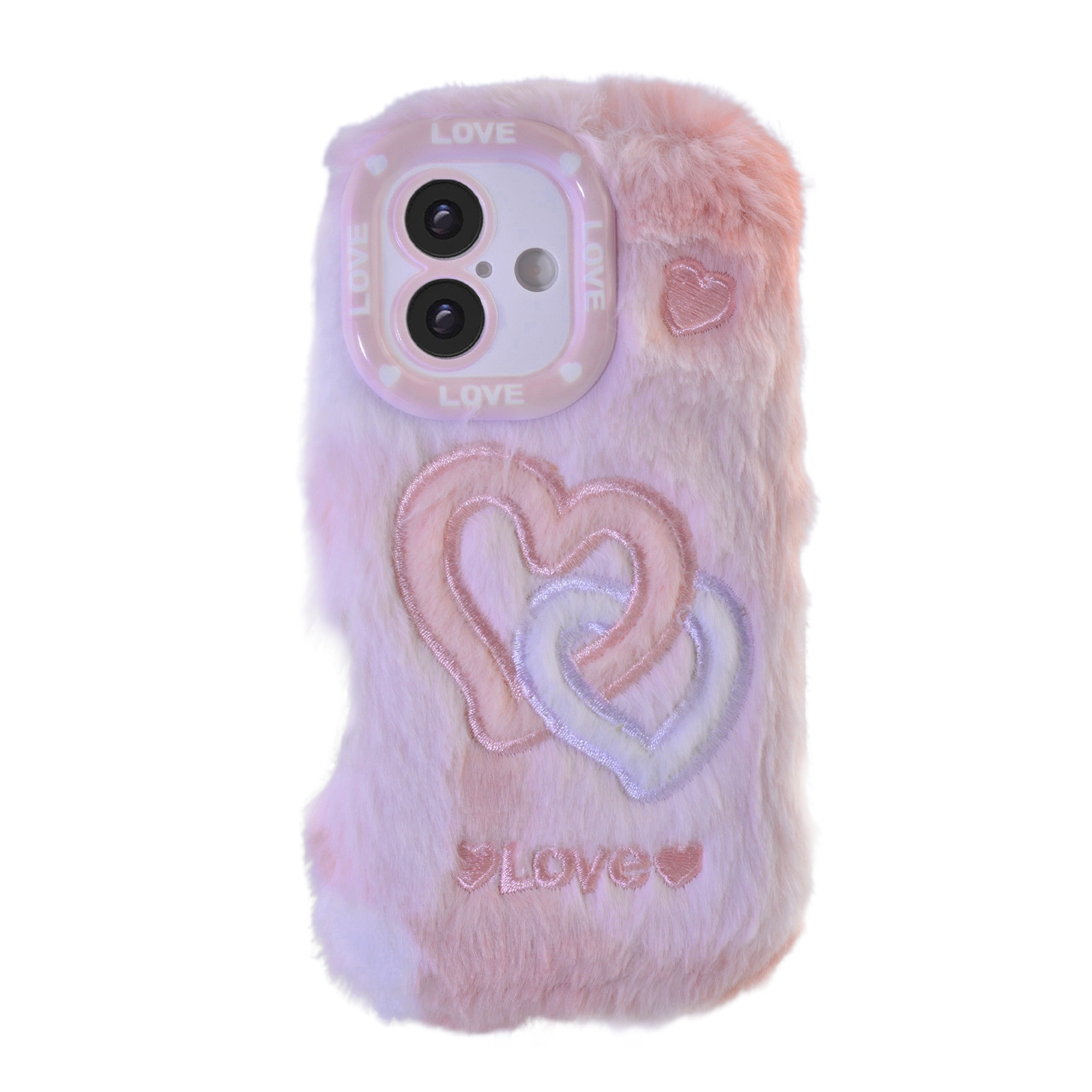Pink Plush Silicone Double Heart Phone Case for iPhone 16 – Soft Furry Cute Protective Cover