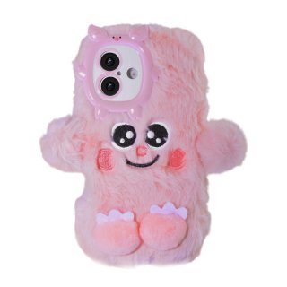 Pink Plush Silicone Monster Phone Case for iPhone 16 Plus – Soft Furry Cute Protective Cover