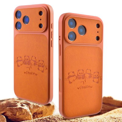  Cute Panda Leather Pattern Back iPhone 17 Pro Case - TPU Shockproof Phone Cover, Orange