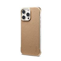  Lychee Pattern Genuine Cowhide Leather Frameless Magnetic Case for iPhone 16 Pro Max, Khaki