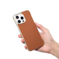  Lychee Pattern Genuine Cowhide Leather Frameless Magnetic Case for iPhone 16 Pro, Brown