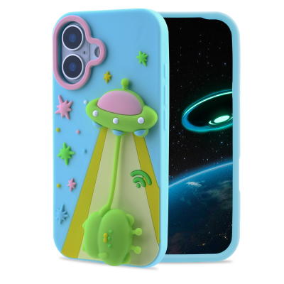  Cute 3D Alien UFO Space Silicone Case for iPhone 16/ iPhone 17, Blue