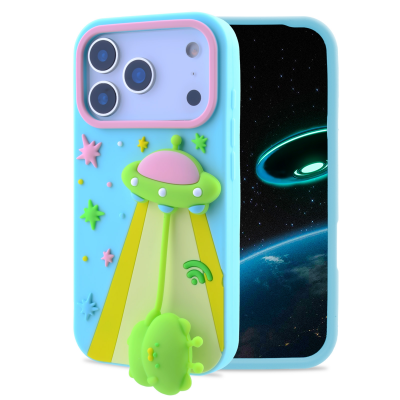  Cute 3D Alien UFO Space Silicone Case for iPhone 17 Pro Max, Blue