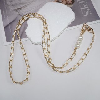 Chic Vegan Leather Woven Chain and Faux Pearl Crossbody Phone Lanyard, White