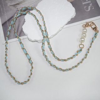 Chic Vegan Leather Woven Chain and Faux Pearl Crossbody Phone Lanyard, Light Blue