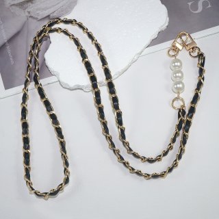 Chic Vegan Leather Woven Chain and Faux Pearl Crossbody Phone Lanyard, Black