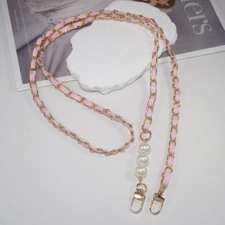 Chic Vegan Leather Woven Chain and Faux Pearl Crossbody Phone Lanyard, Pink