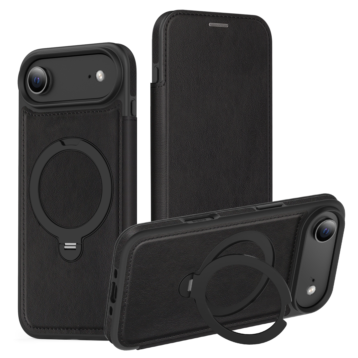 360° Rotating Stand iPhone Air Case - Magnetic Wireless Charging PU Cover, Black