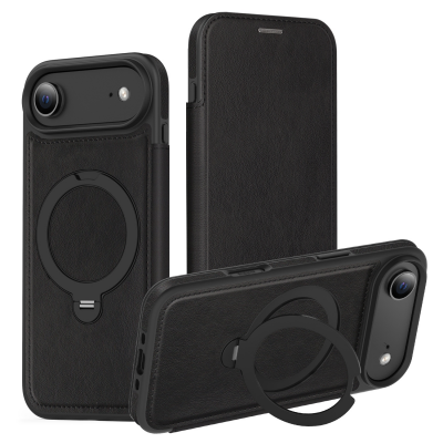  360° Rotating Stand iPhone Air Case - Magnetic Wireless Charging PU Cover, Black