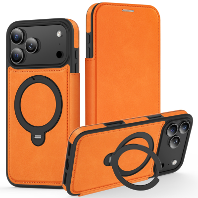 360° Rotating Stand iPhone 17 Pro Case - Magnetic Wireless Charging PU Cover, Orange