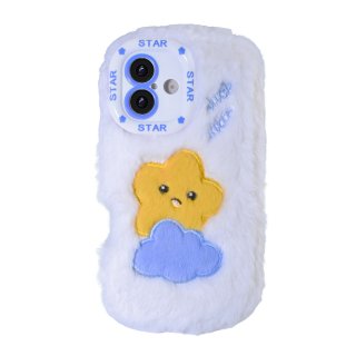 White Cloud Star Plush Silicone Phone Case for iPhone 16 – Soft Cute Protective Cover