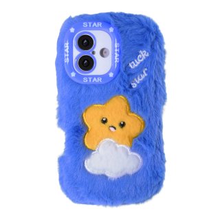 Blue Cloud Star Plush Silicone Phone Case for iPhone 16 Plus – Soft Cute Protective Cover