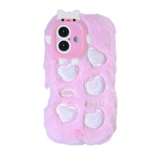 Pink Plush Silicone Phone Case with Five Hearts for iPhone 16 – Soft Furry Cute Protective Cover