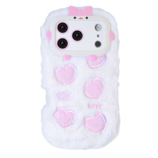 White Plush Silicone Phone Case with Five Hearts for iPhone 17 Pro Max – Soft Cute Protective Cover