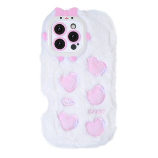 White Plush Silicone Phone Case with Five Hearts for iPhone 16 Pro – Soft Cute Protective Cover