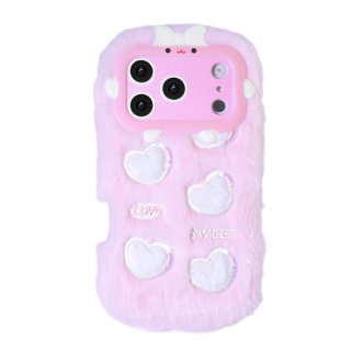 Pink Plush Silicone Phone Case with Five Hearts for iPhone 17 Pro Max – Soft Furry Cute Protective Cover